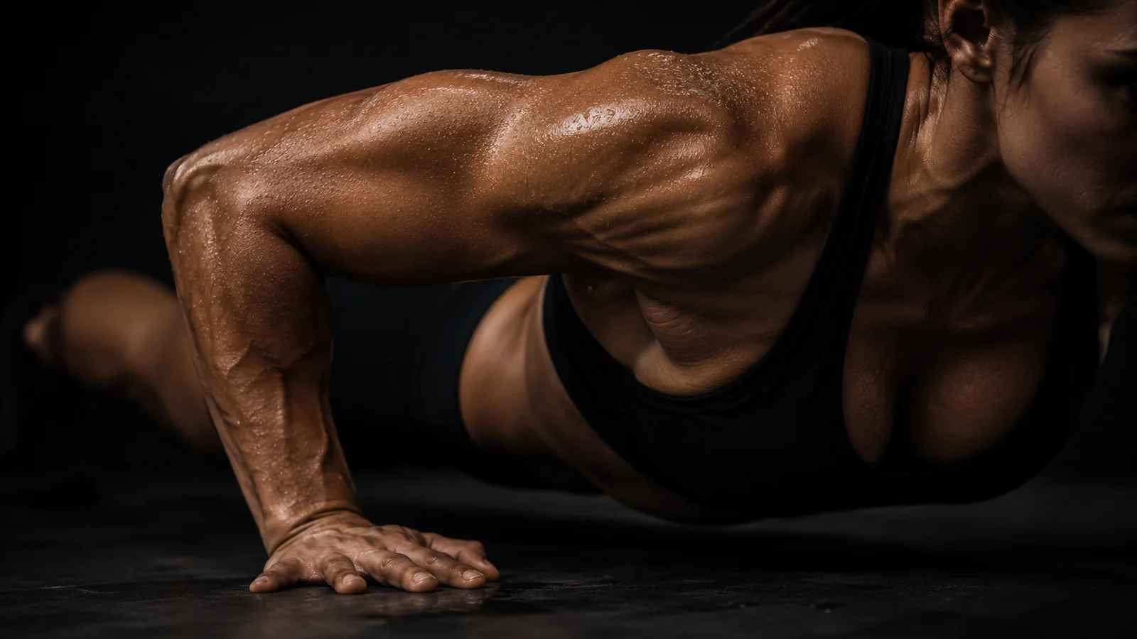 Athletic woman performing an intense push-up