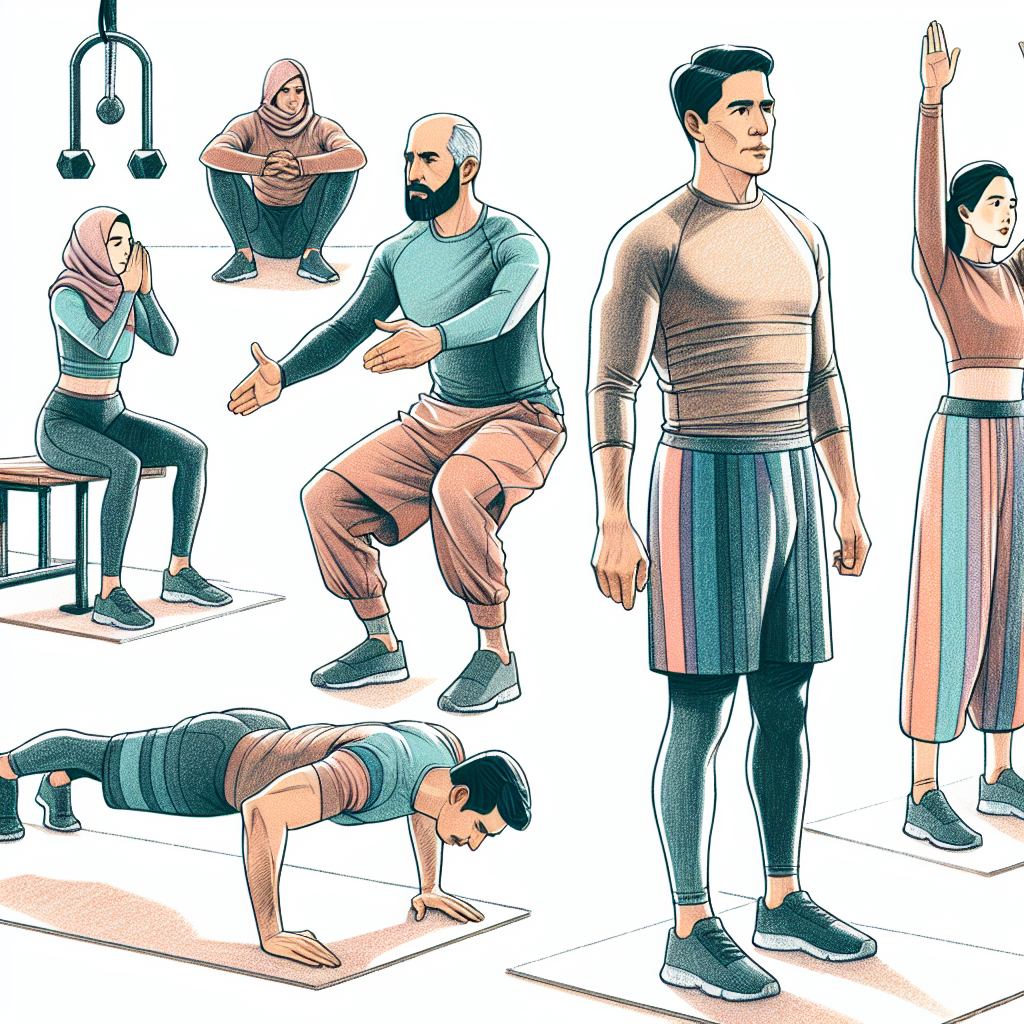 Group exercise scene with people doing different workouts: pushups, plank, and a coach guiding others in a gym-like setting.