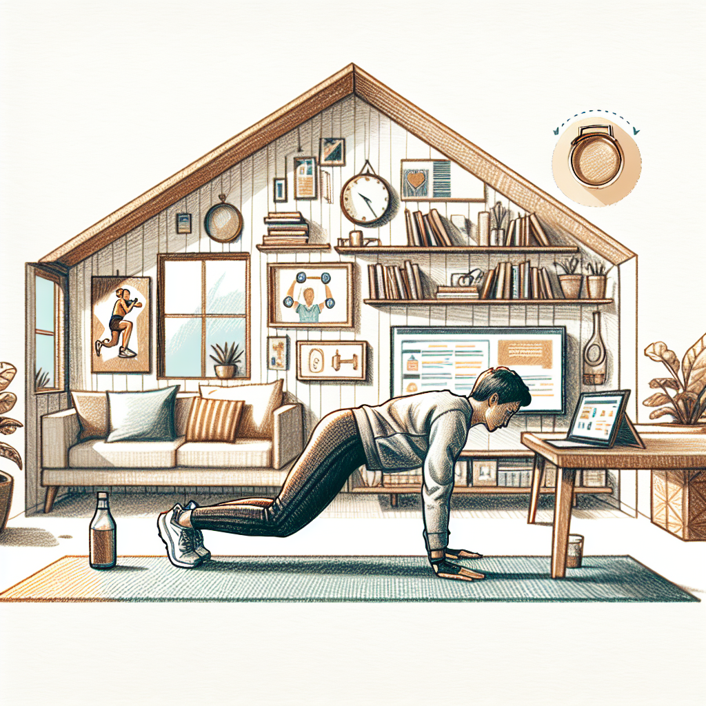 Man doing a plank on a yoga mat in a cozy living room with a sofa, shelves, and a computer desk in the background.